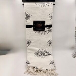 Spooky Night Decorative Throw Blanket White Black Evil Eye Print Fringe 50x70